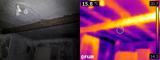 Eine Holzbalkendecke unter dem Putz wird mit Hilfe der Wärmebildkamera sichtbar Eine Holzbalkendecke unter dem Putz wird mit Hilfe der Wärmebildkamera sichtbar